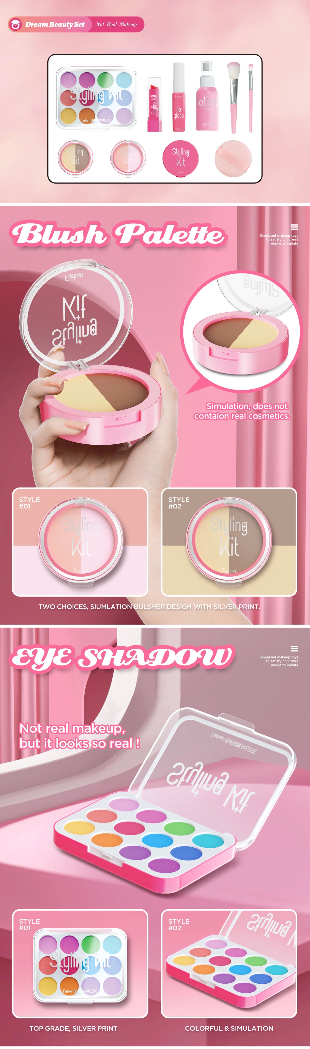 A collection of kids pretend makeup sets including a blush palette and an eye shadow kit with various colors.