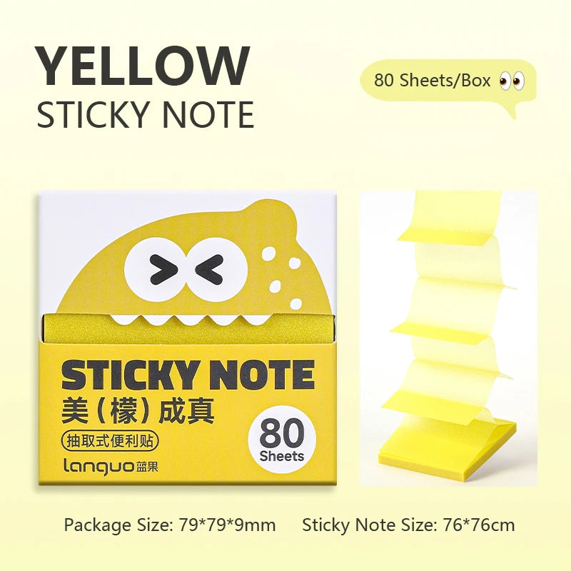 Yellow sticky note box containing 80 sheets of yellow sticky notes with a pull-through dispenser.