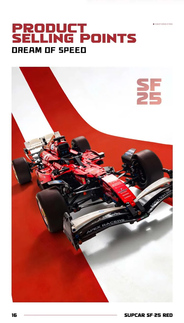 A red Formula SF-25 racing car model kit is displayed on a white surface against a red background.