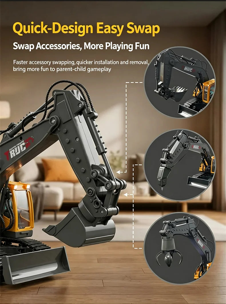 A black RC excavator arm with interchangeable attachments shown in a living room setting.