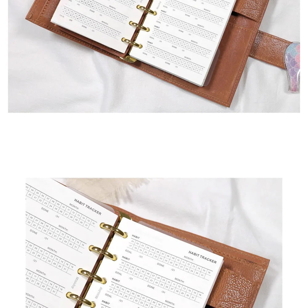 A close-up of a brown leather habit tracker refill page with gold stitching and a grid layout.