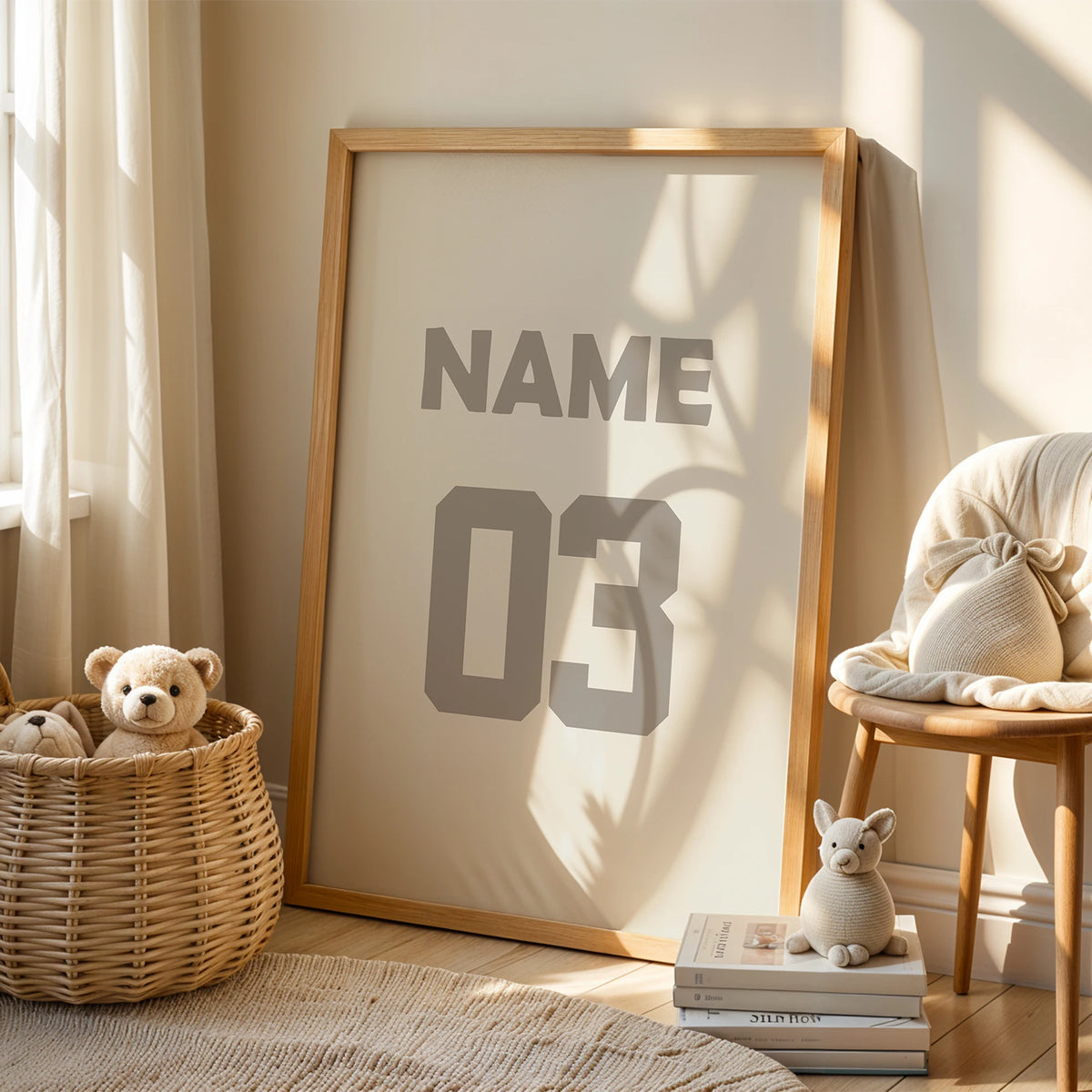 A framed canvas wall art featuring the name and number 03 in gray on a beige background