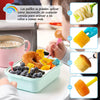 A set of seven colorful mini fruit forks used for decorating food for children.