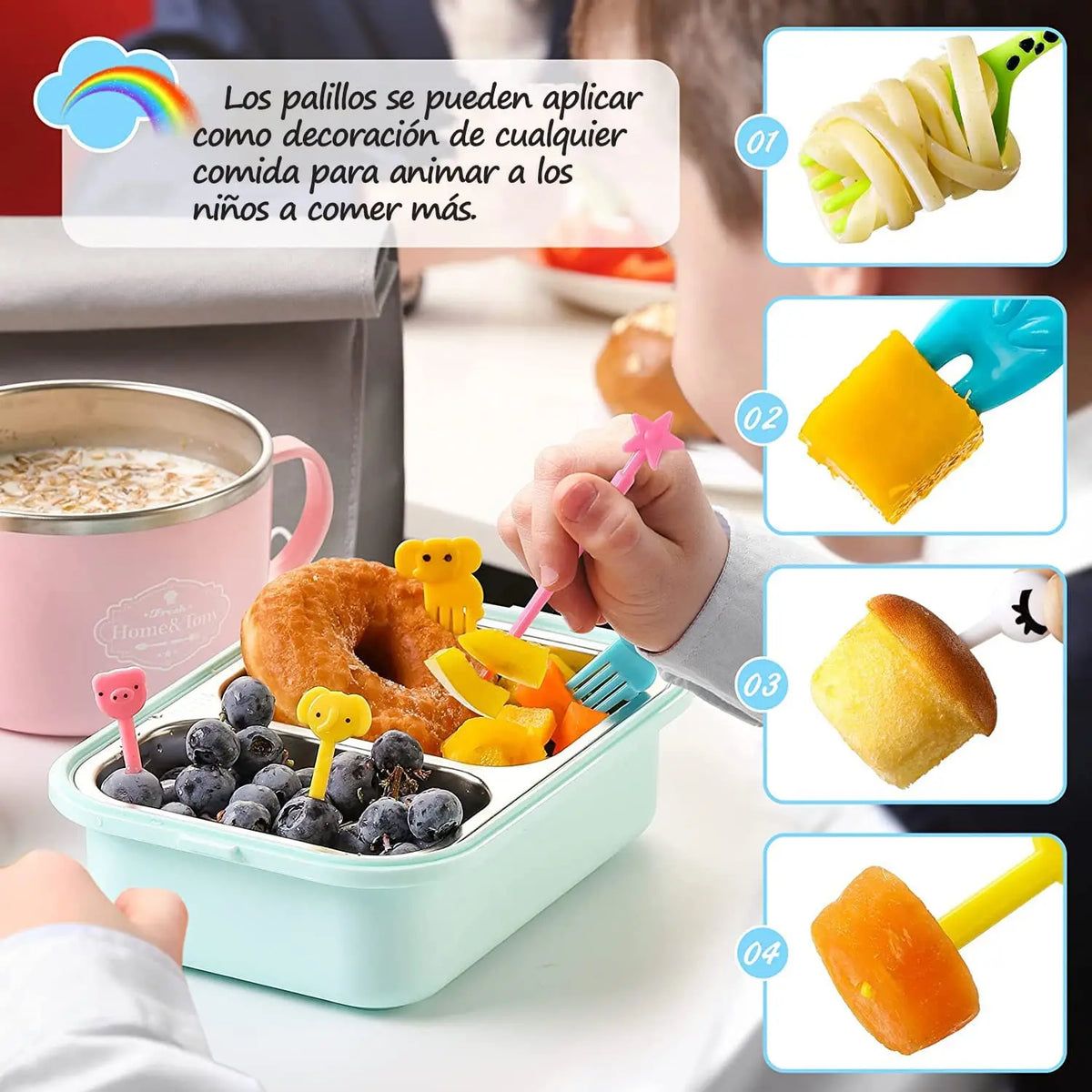 A set of seven colorful mini fruit forks used for decorating food for children.