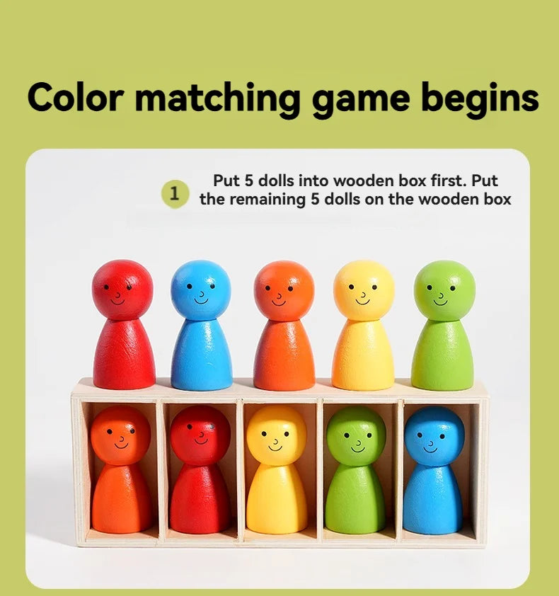 Five colorful wooden dolls are arranged in a box, with instructions for a color matching game.