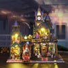 A detailed wooden miniature rail-track city dollhouse kit featuring architecture and furniture.