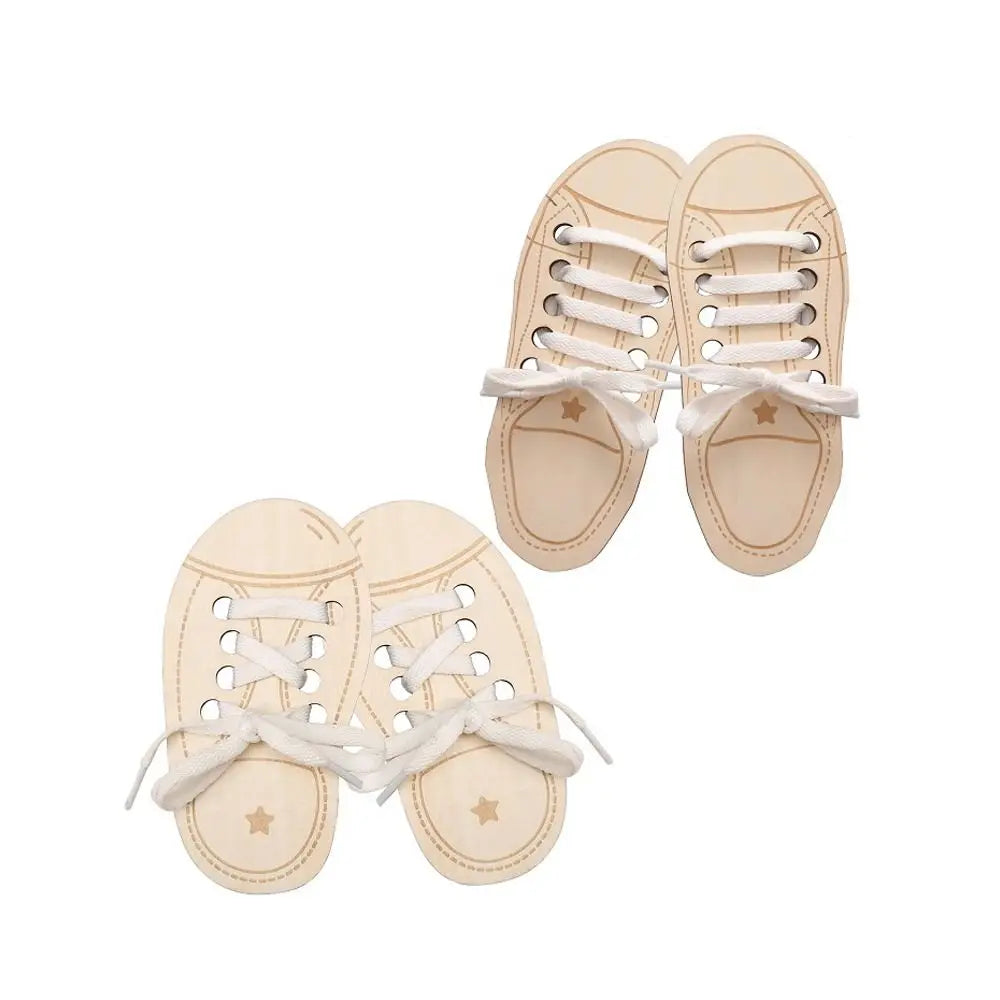 Pair of light wood lacing shoes designed as a fine motor skills toy