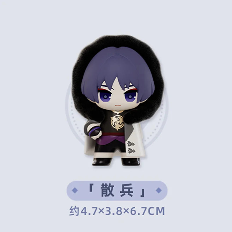 A chibi figurine of a Fatui Harbinger with purple hair and dark clothing.