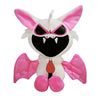 A plush toy of a devil-like creature with pink ears and wings, featuring black facial markings.