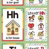 A set of letter cards showing the sounds for F, G, H, I, J, and letters combined with fruit, animals, and objects.