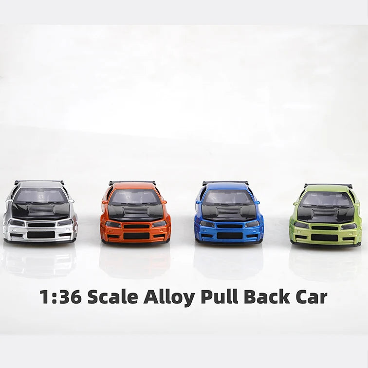 A collection of four die-cast pull-back cars in black, orange, blue, and green colors displayed on a white background.