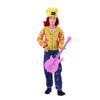 A female doll wearing a yellow knit hat and a yellow patterned shirt holding a pink electric guitar.