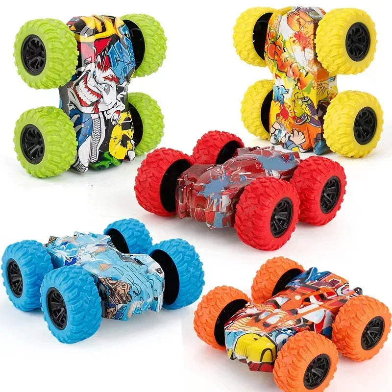 A collection of pull-back inertia car toys featuring various colors and flip-over action with large rubber wheels.