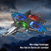 A silver stunt foam airplane with blue and green LED lights is shown in flight against a cloudy sky.