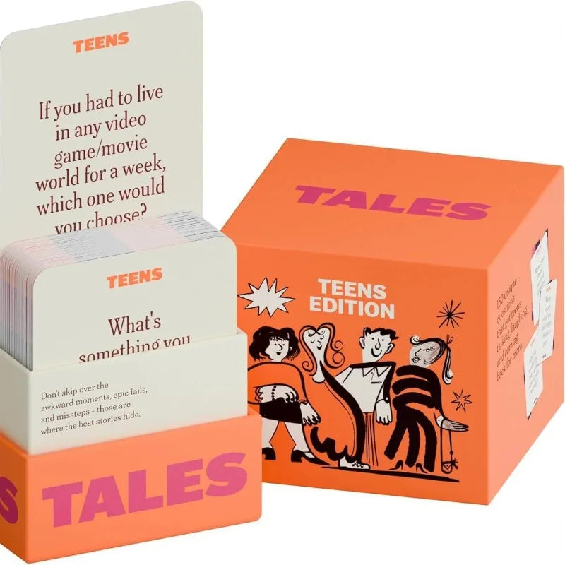 A box of Tales Teens Edition conversation starter cards featuring illustrations of people.