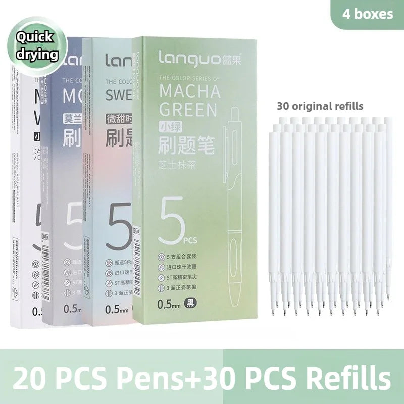A set of 20 pens and 30 refills featuring a matcha green color theme for quick drying gel pens.