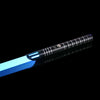 A black lightsaber with a blue blade and metallic accents against a dark background.