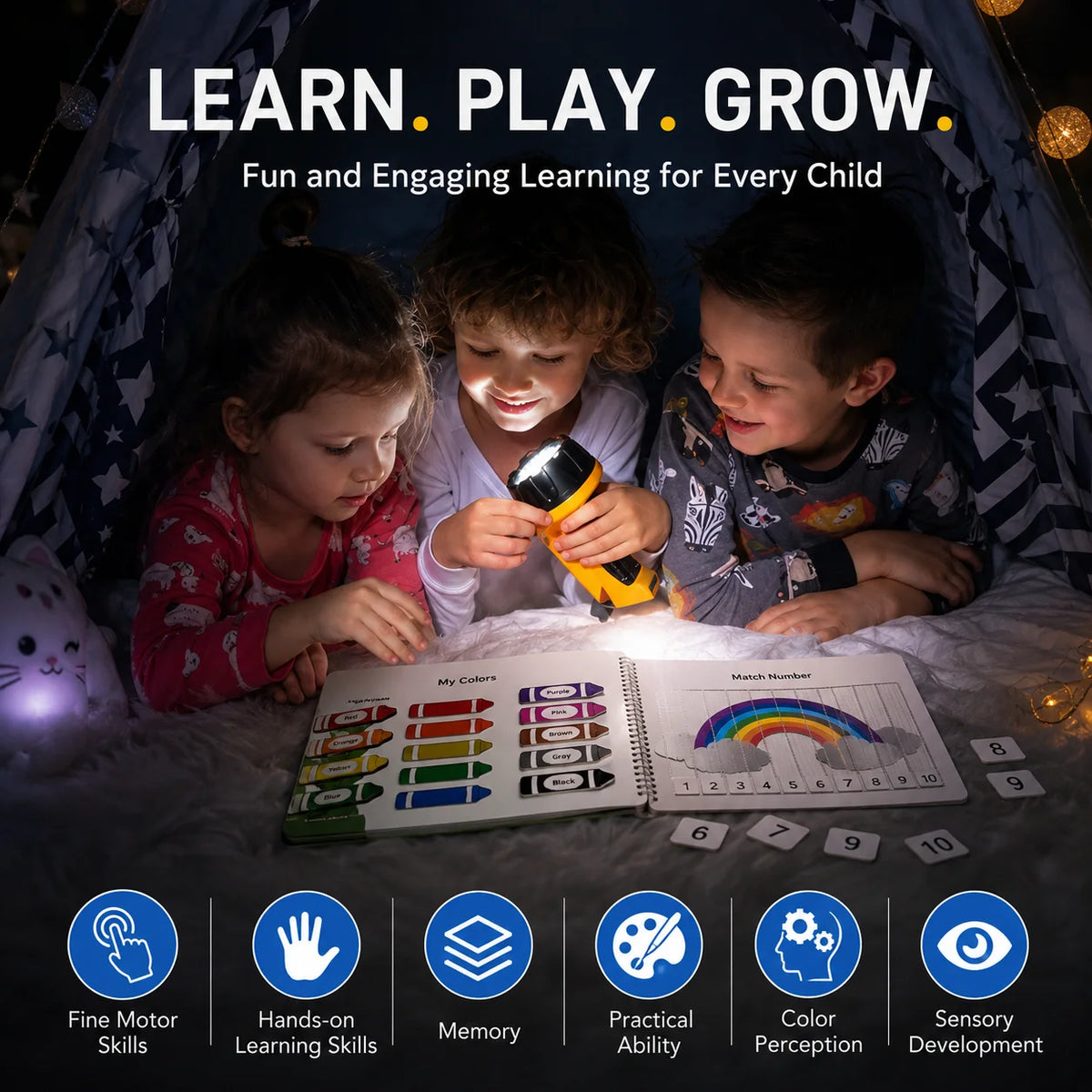 A children's book showing various early learning activities like fine motor skills, memory, and color perception for preschoo