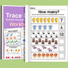A page from a preschool math workbook showing exercises to count animals and perform addition and subtraction.
