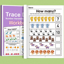 A page from a preschool math workbook showing exercises to count animals and perform addition and subtraction.