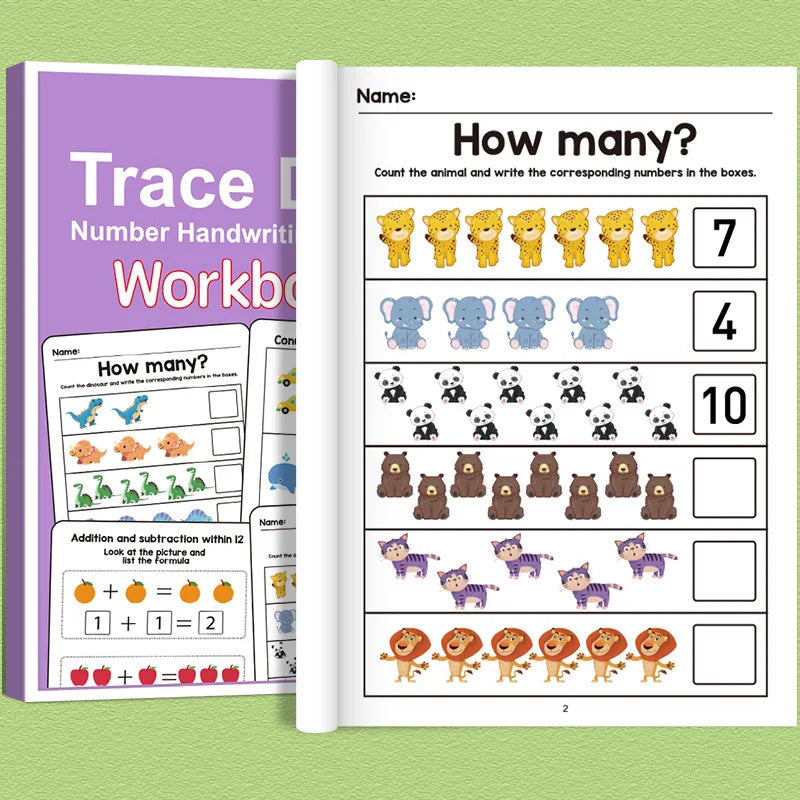 A page from a preschool math workbook showing exercises to count animals and perform addition and subtraction.