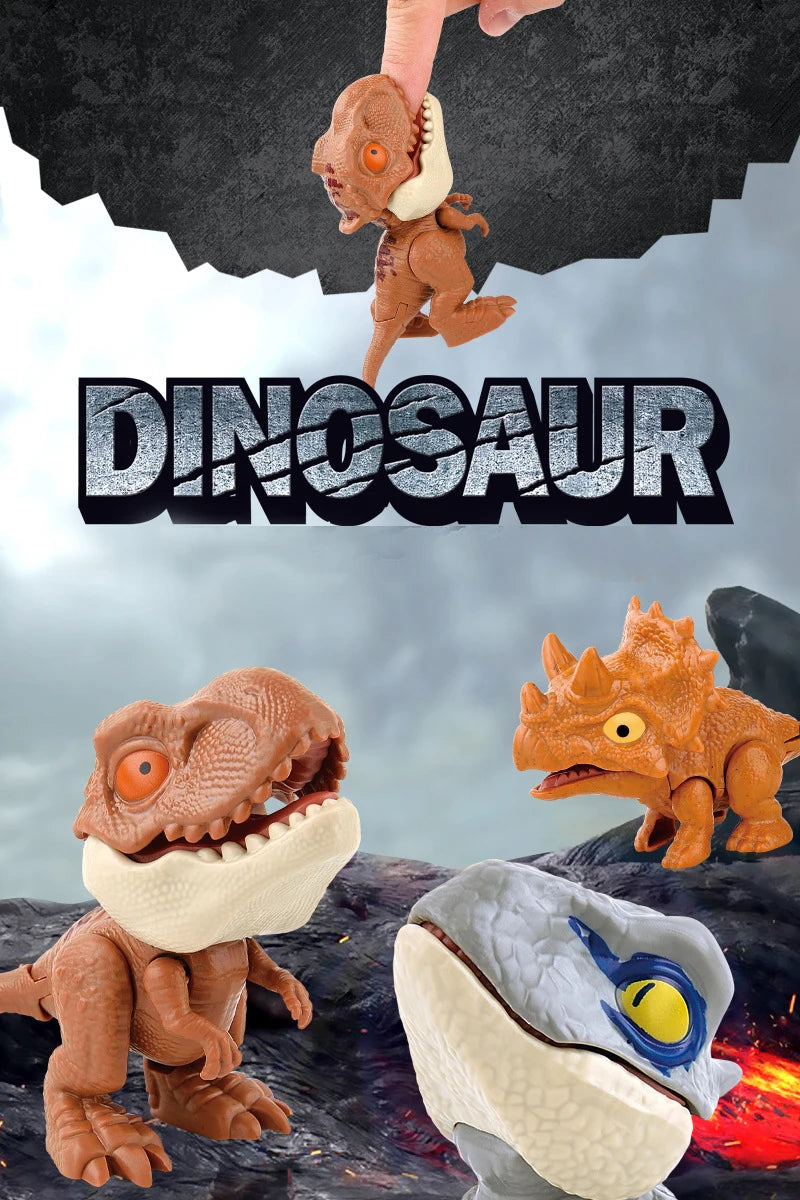 Un petit doigt de dinosaure marron contre un arrière-plan flou avec le mot DINOSAURE.
