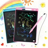 A pink 8.5-inch LCD writing tablet for kids with a stylus pen is shown next to a blue one, surrounded by colorful confetti an