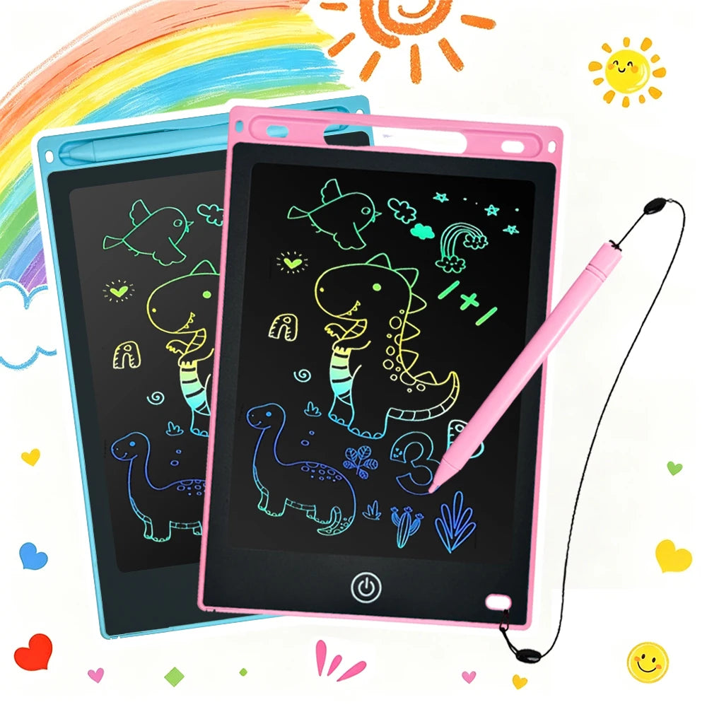 A pink 8.5-inch LCD writing tablet for kids with a stylus pen is shown next to a blue one, surrounded by colorful confetti an