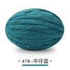 A ball of teal chunky chenille yarn used for hand knitting projects.