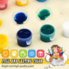 Set anfarbiger Farben und Pinsel für ein Dinosaurier-Mal-Kit für Kinder mit leuchtenden Farben.