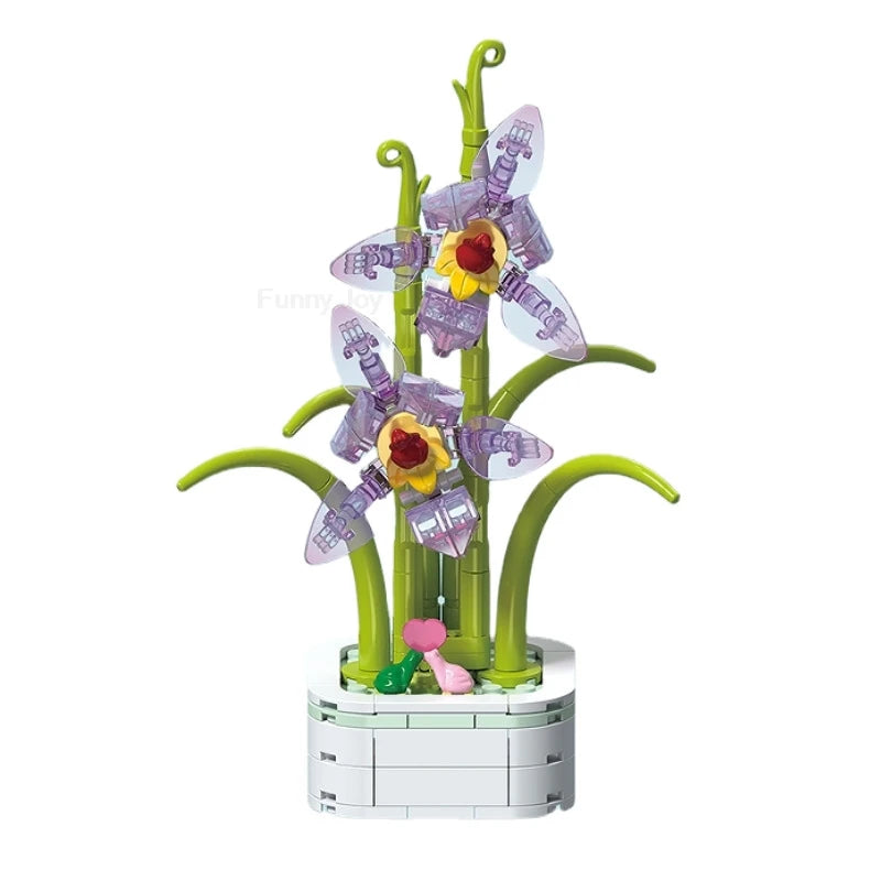 A building block bouquet set featuring purple and yellow butterfly flowers.