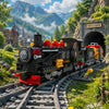 A detailed vintage steam passenger train model built from building blocks on a scenic railway track.