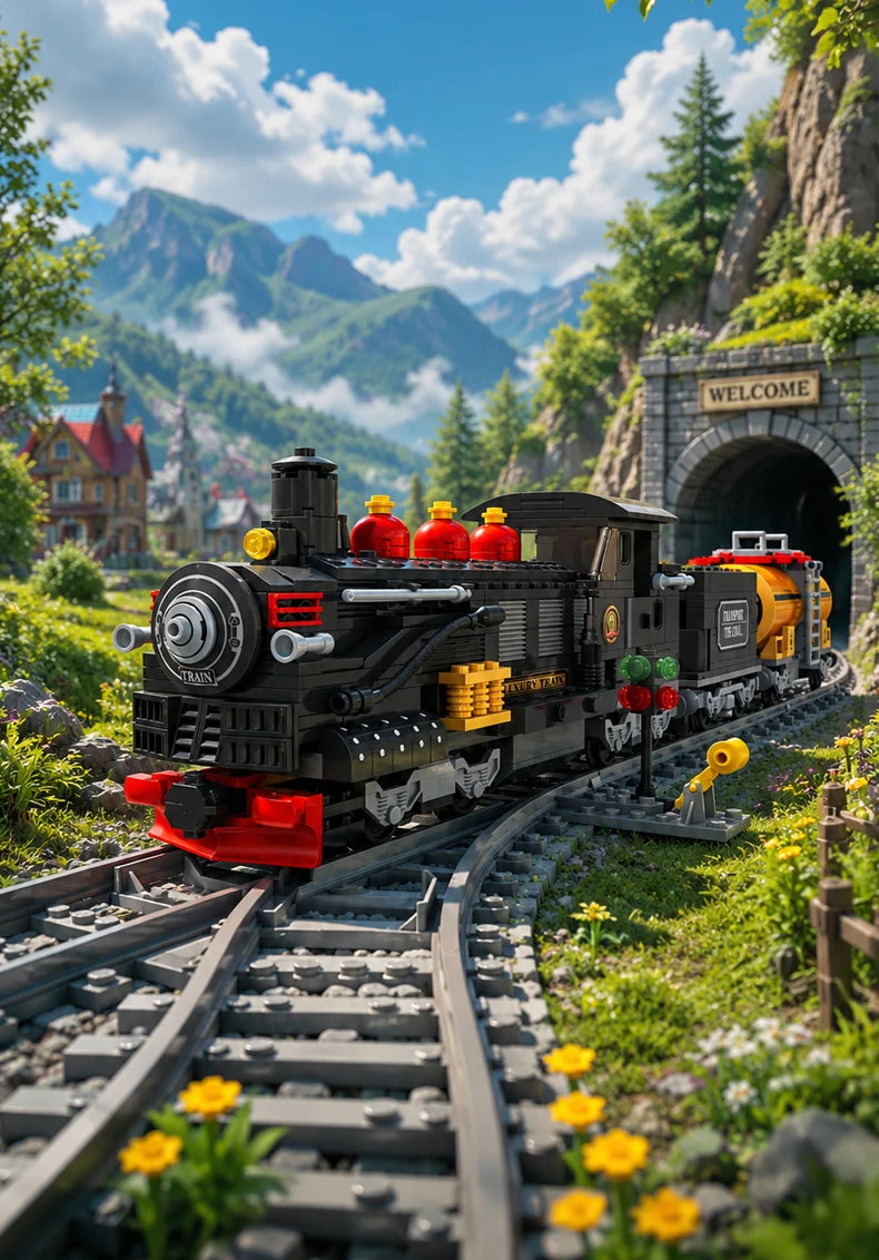 A detailed vintage steam passenger train model built from building blocks on a scenic railway track.