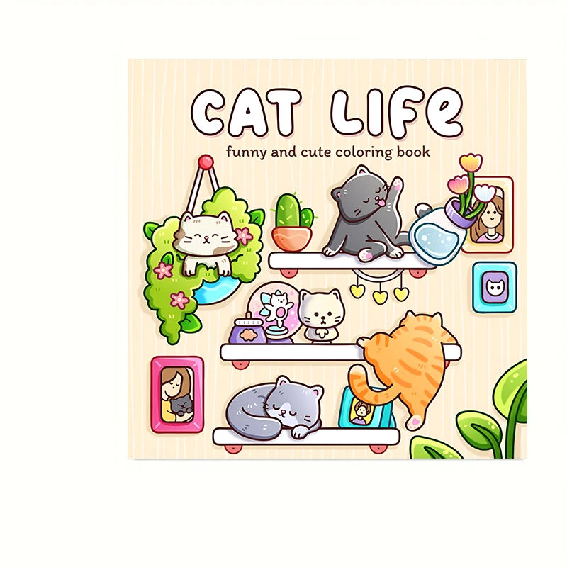 A coloring book cover titled CAT LIFE featuring cute cats and various elements for coloring.