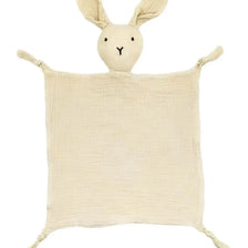 A light beige soft cotton muslin baby comforter blanket with bunny ears.