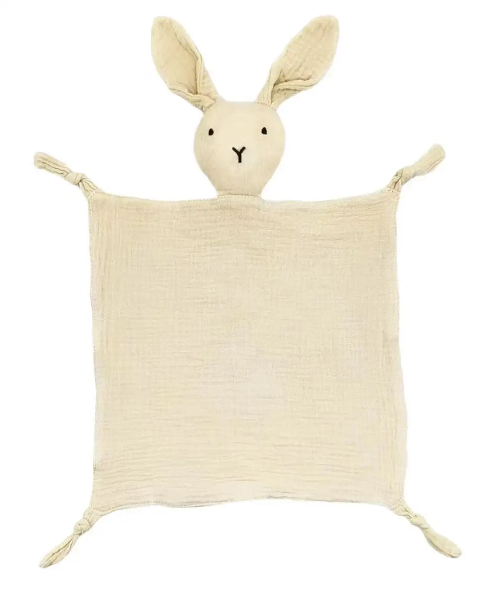 A light beige soft cotton muslin baby comforter blanket with bunny ears.