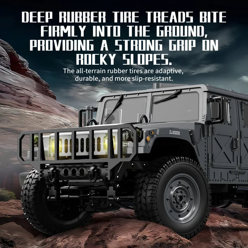 A rugged off-road vehicle with deep rubber tire treads climbing on rocky terrain.