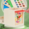 A wooden Montessori toy set featuring a box and a rotating clock face with numbers and animal figures.