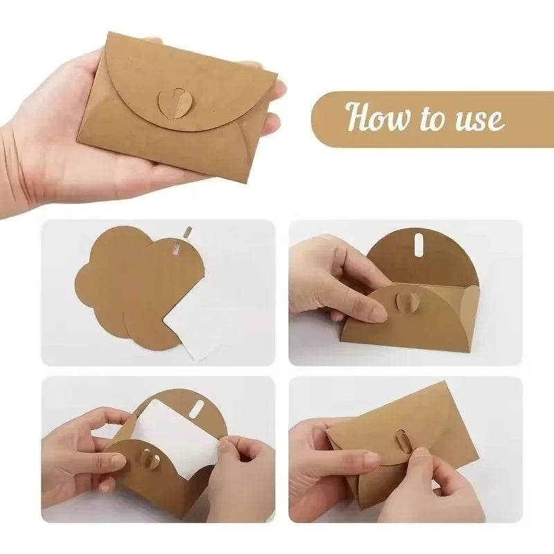 Hands demonstrate how to use mini kraft paper envelopes with heart clasps for gift cards and notes