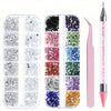 A collection of multi-size flat back acrylic rhinestones in various colors arranged in compartments and a slender applicator 