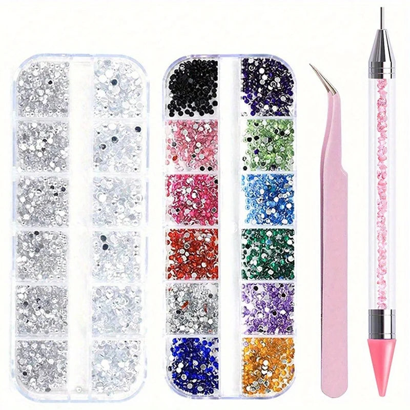 A collection of multi-size flat back acrylic rhinestones in various colors arranged in compartments and a slender applicator 