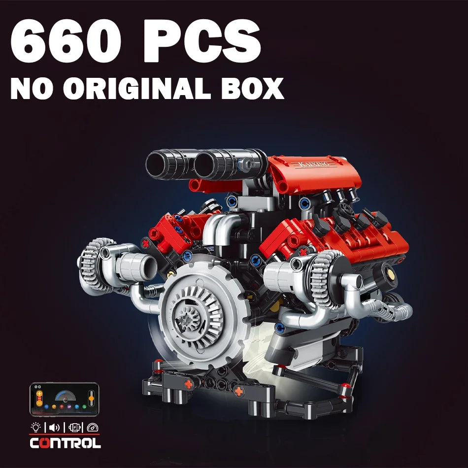 Technical V8 Engine Model Building Kit with LED Lights and App Control