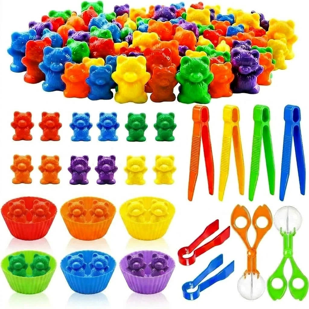 A collection of colorful counting bears with sorting cups and tweezers for Montessori learning.