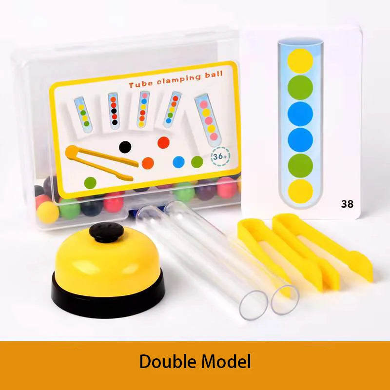 A set of Montessori wooden clip beads game featuring various colored beads and a tube clamping ball model.