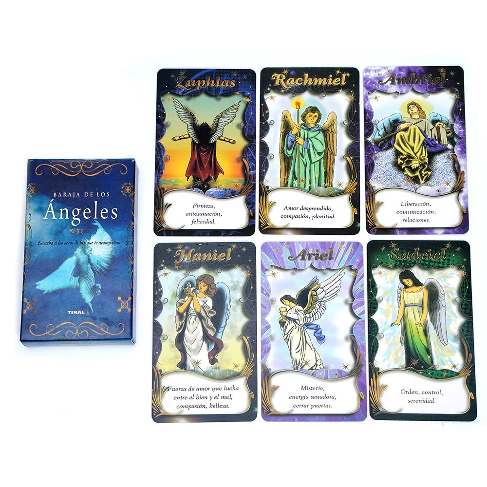 A collection of Spanish Angel Oracle cards featuring various angels like Zaphlas, Rachmiel, and Daniel.