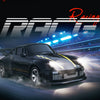A black RC drift car is speeding on a track with bright blue lights in the background.