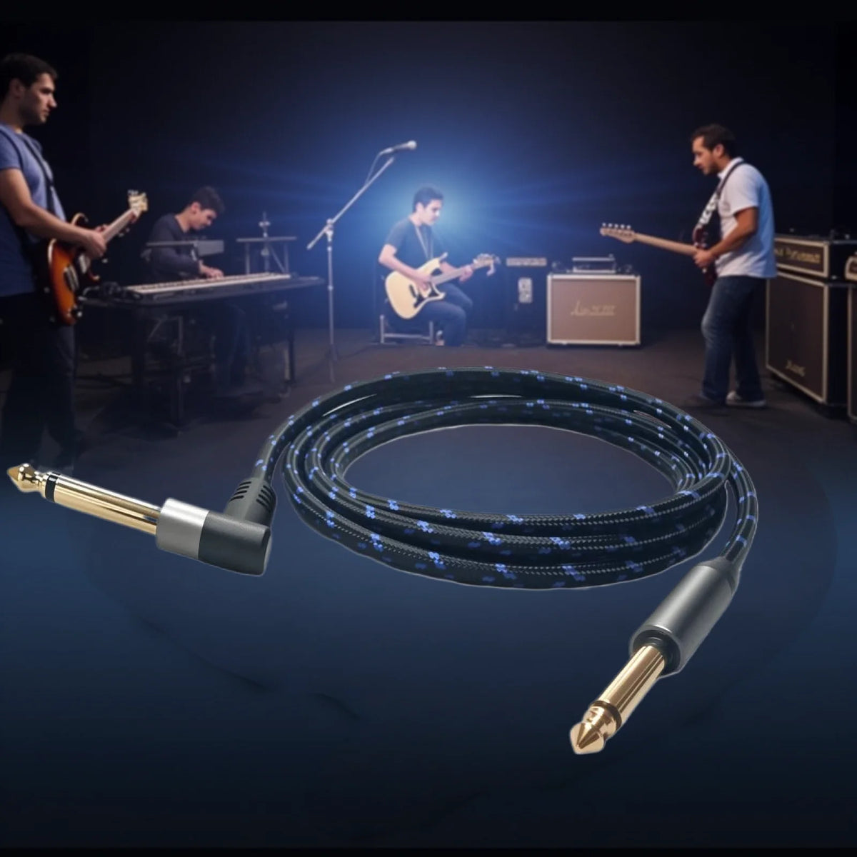A coiled black instrument cable with a male connector is displayed in front of a band performing on stage.