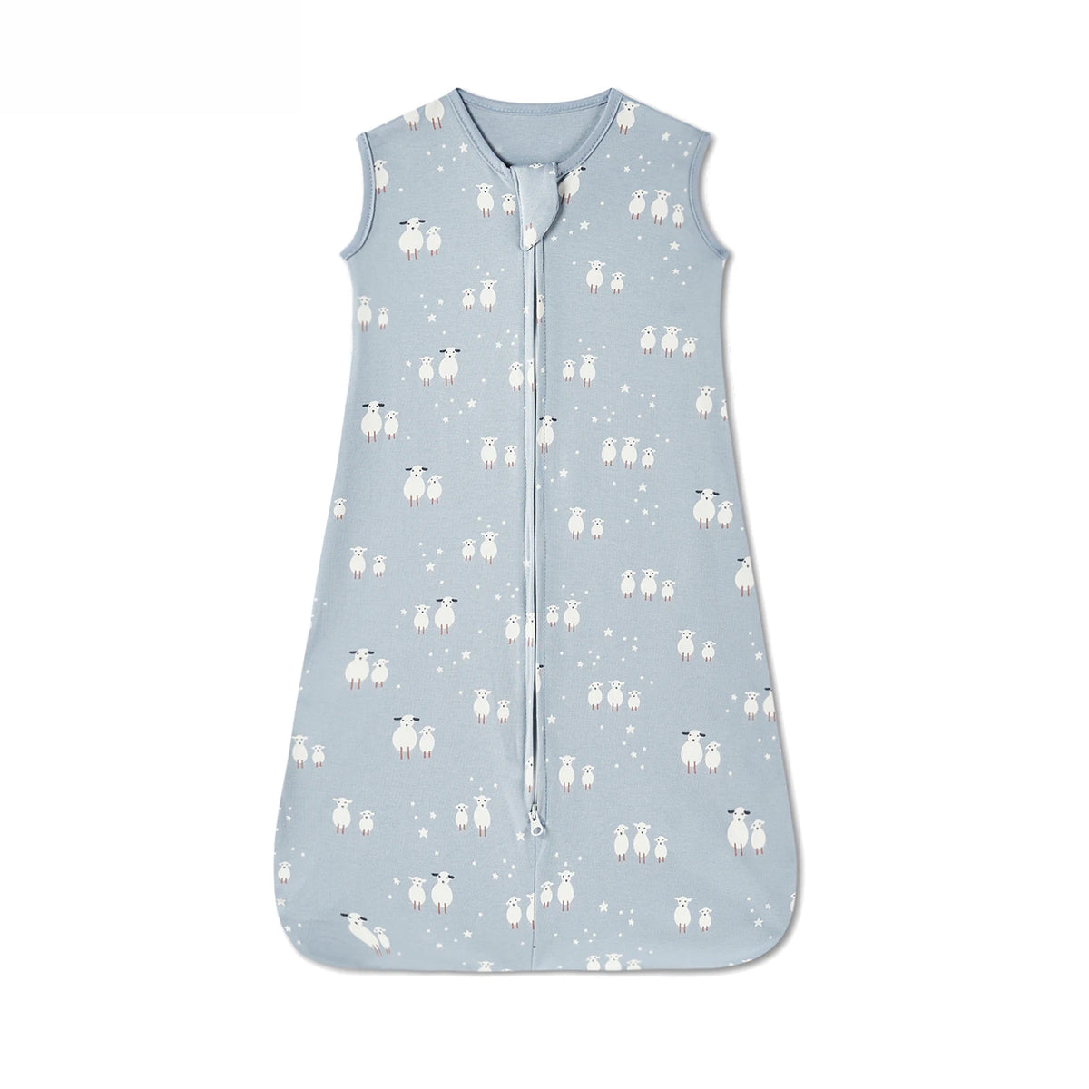 Light blue sleeveless baby sleeping bag with white sheep embroidery