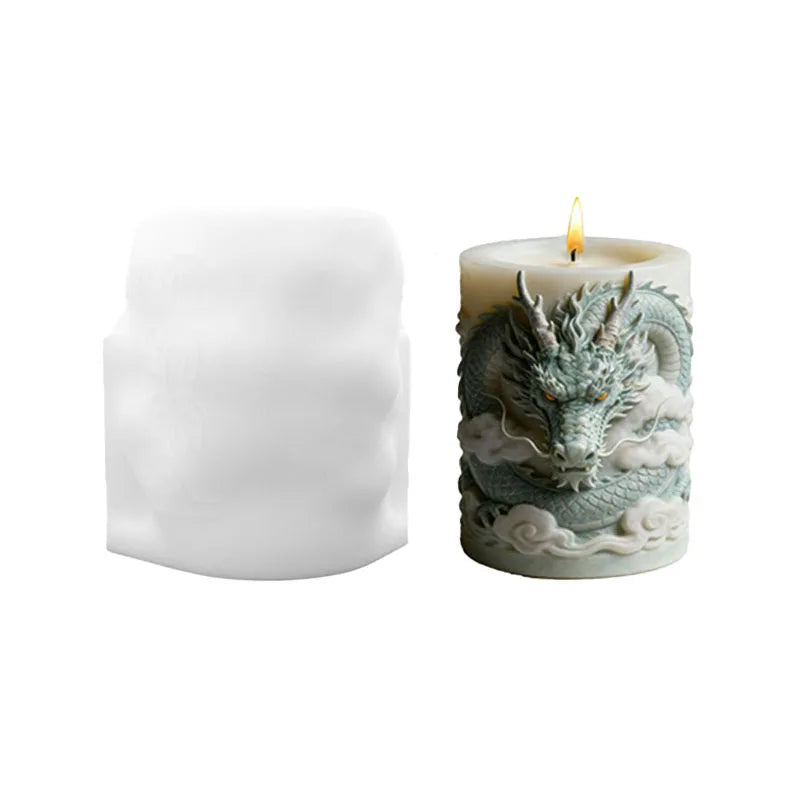 A silicone candle mold shaped like a dragon with cloud patterns, used for DIY aromatherapy candles.