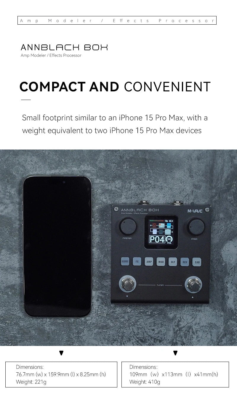 AnnBlach Box portable multi-effects pedal shown next to a smartphone for scale.
